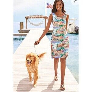 Talbots 12P Spring Summer Cotton Amalfi Coast Italy Scenic Print Shift Dress NWT